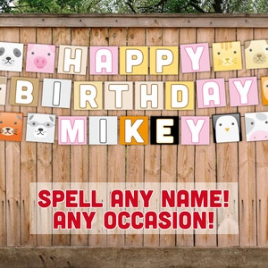 Cute Animals Party Banner | 12 Animals + All Letters & Numbers + 4 Symbols | Instant Digital Download! | Cat, Dog, Pig, Penguin, Cow, +More!