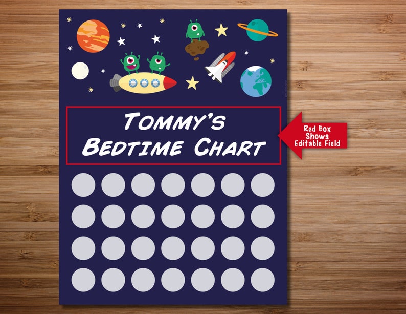 Personalize Cute Aliens In Space Bedtime Chart Print Instant Download! Reward Good Behavior Chart Progress