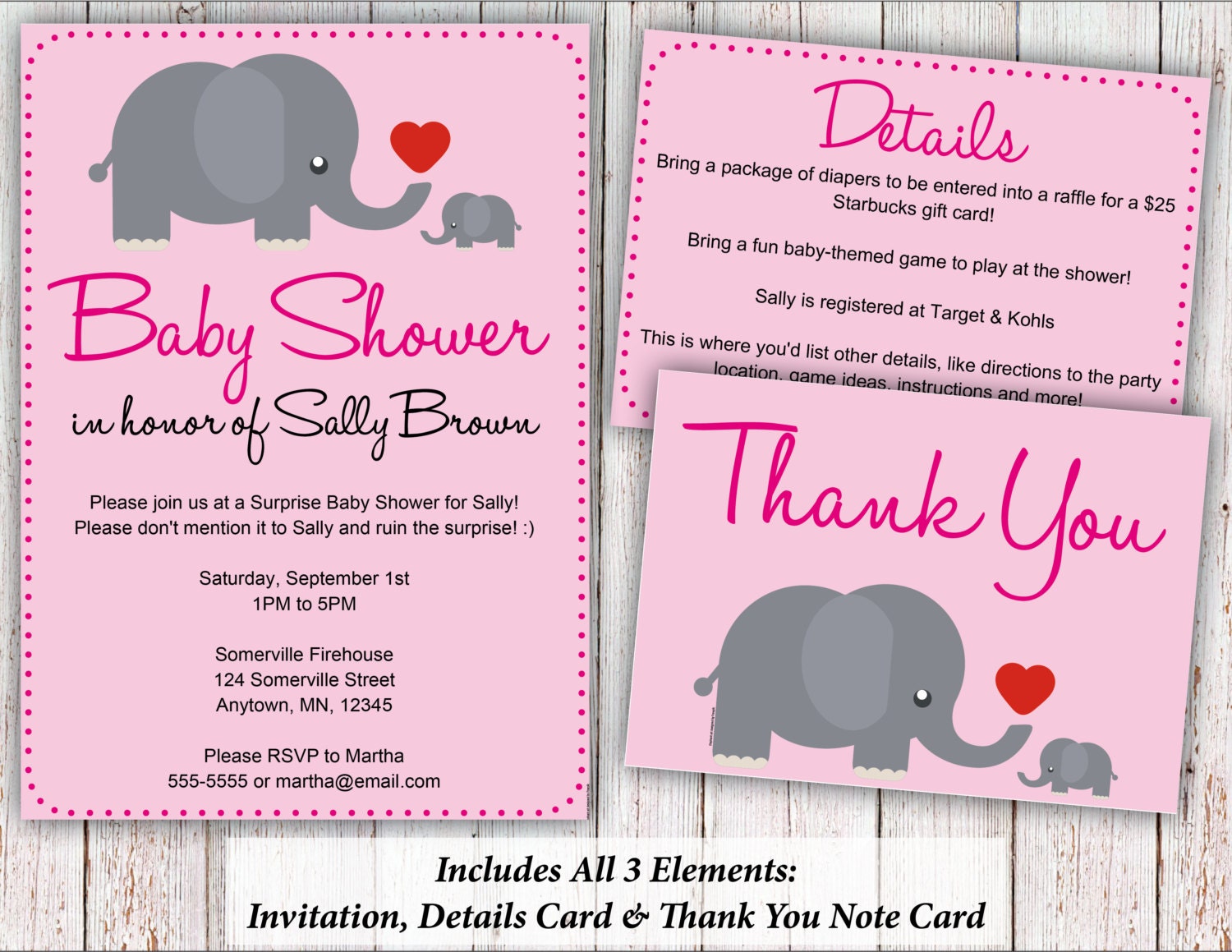 Cute Elephant Pink Baby Shower Invitation Details Card Thank You