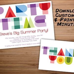 Cool Lettering Colorful Party Time Invitation + Thank You Notes | Editable PDF Instant Download | Edit & Print In Minutes!
