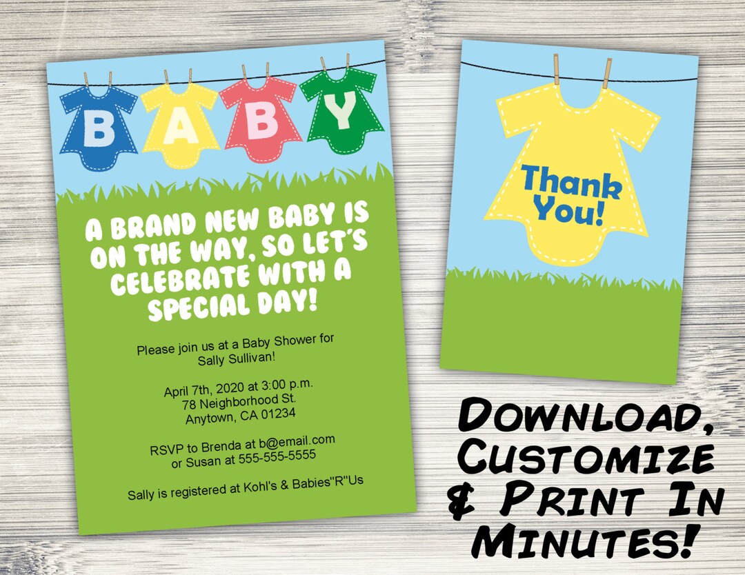 Cute Baby Clothes Line Baby Shower Invitation Thank You Notes Editable