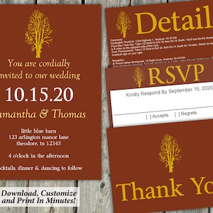 Brown / Golden Tree Wedding Invitation Template - Printable Set | Invitation + Details Card + RSVP + Thank You Notes | Editable PDF Downloa