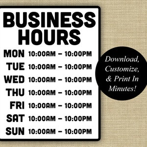 Signo de horario comercial, horario comercial imprimible, letrero de horario, horario de tienda, letrero de ventana, descarga instantánea en PDF