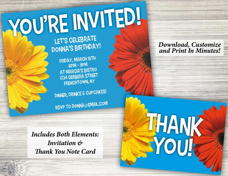 Gerbera Daisy Colorful Party Invitation Thank You Notes Etsy