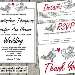 Plantilla de invitación de boda Lover Bird - Conjunto imprimible / Invitación + Tarjeta de detalles + RSVP + Notas de agradecimiento / Descarga PDF editable