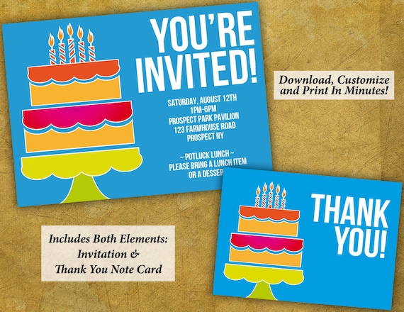 Party Note Birthday Cake Party Invitation Thank You Notes Editable | Etsy
