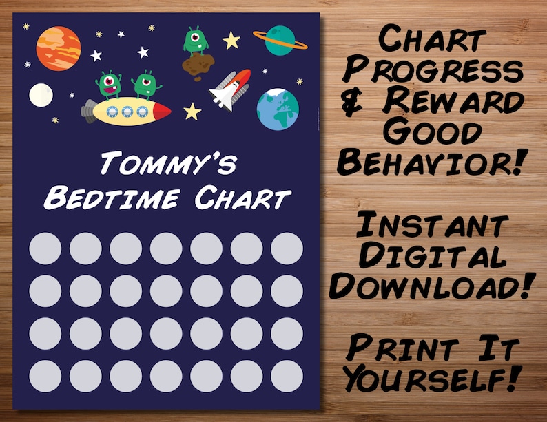 Personalize Cute Aliens In Space Bedtime Chart Print Instant Download! Reward Good Behavior Chart Progress