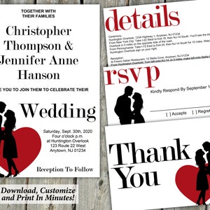 Plantilla de invitación de boda de silueta romántica - Conjunto imprimible / Invitación + Tarjeta de detalles + Confirmación de asistencia + Notas de agradecimiento / Descarga PDF editable