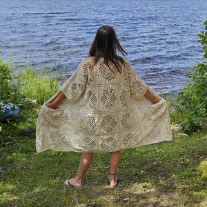 Handmade Crochet Cotton Kimono Cardigan - Boho Festival Duster