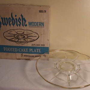 Vintage Anchor Hocking Swedish Modern 22 K Gold Edge Footed Cake Plate - Vintage Footed Cake Stand - Vintage Footed Cupcake Plate