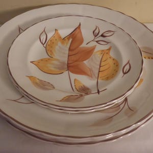 May include: Set of three white ceramic plates with a brown and yellow leaf design. The plates are nested together.