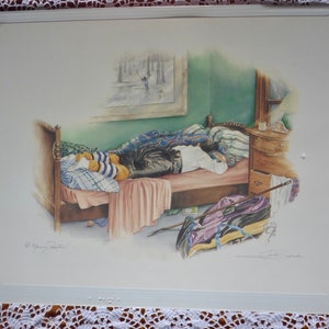 May include: A watercolor painting of a hockey player sleeping in a bed with a hockey bag and stick on the floor. The player is wearing a blue and yellow striped jersey and socks. The painting is signed by the artist, "G. McManus, Painter."