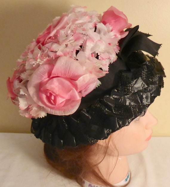 Vintage Pink Floral & Straw Hat - Vintage Pink Fl… - image 2