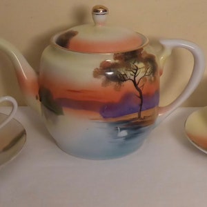 Antique Art Deco Noritake RC Tea Set - 1920/30&#39;s Art Deco Noritake Royal Crockery Tea Pot with 2 Cups & Saucers - Noritake Porcelain