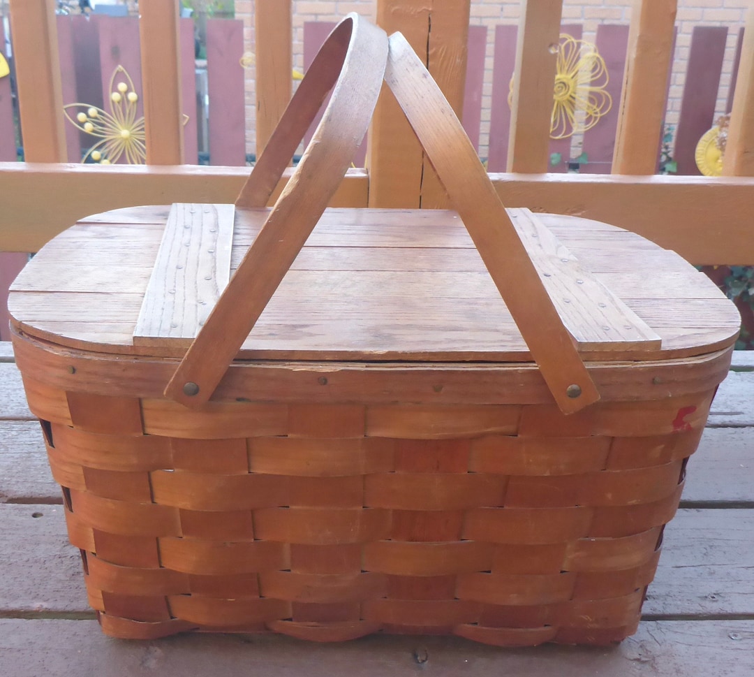 Vintage Wovnwood by Jerywil Picnic Basket Vintage Woven Wood Picnic