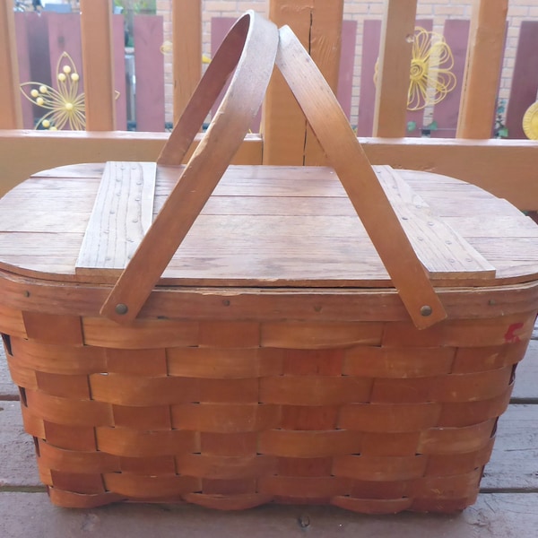 Vintage Wov-N-Wood by Jerywil Picnic Basket - Vintage Woven Wood Picnic Basket - Vintage Farmhouse Decor Woven Basket - Vintage Basket