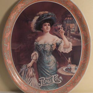 Vintage 1970&#39;s Pepsi-Cola Lady Gibson Oval Orange Border Serving Tray - Pepsi-Cola Collectible - Vintage Barware - Pepsi-cola