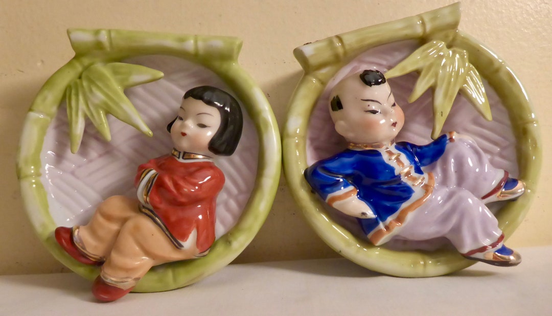 Vintage Set of Occupied Japan Wall Pockets Vintage Japanese Man & Woman Wall Pockets Made in