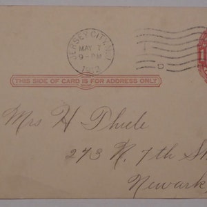 Antique U.S. Stationary Postal Card circa 1912 - Antique U.S. Postal Card Postmarked May 7, 1912 Jersey City N.J.
