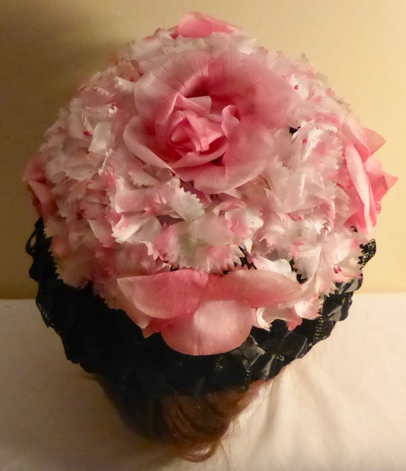 Vintage Pink Floral & Straw Hat - Vintage Pink Fl… - image 1