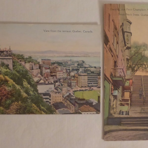 2 Antique Quebec Post Cards Circa 1930's - Chateau Frontenac Dufferin Terrace View Post Card - Break Neck Steps Quebec Canada PostCard