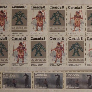 Block of 8 Cent Canadian Indians of the Subarctic Stamps with addition-25 Un-Posted Canadian 8 Cent Stamps-Calgary Stampede 8 Cent Stamps