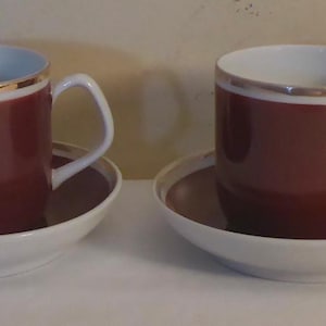 Set of 4 Vintage MCM 1960s Hollohaza Hungary Porcelain Demitasse Cups & Saucers - Set of 4 Burgundy Demitasse Cups and Saucers by Hollohaza