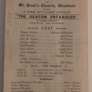 May include: A black and white playbill for a three-act comedy titled "The Deacon Entangled" by Harry Osborne, directed by Mrs. McAndrews. The play is presented by the A.Y.P.A. of St. Paul's Church, Westdale on 17th May 1933. The cast list includes Malcolm McDermott, Jean Prosser, Bill Durrant, Edith Cocker, Olive Orme, George Monk, Bill Tindale, Margret Simons, and Bill Fairley.