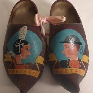 Antique Hand Painted Souvenir of Bretagne France Miniature Clogs - Old Hand Painted Miniature Wooden Shoes from Bretagne France