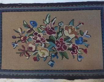 Antique Floral Hooked Rug - 36" x 23 1/2" - Antique Decor - Rustic Decor - Country Chic Decor - Old Hooked Rug - Hand Hooked Rug