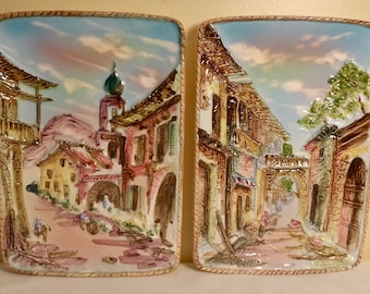 2 Vintage Ceramic 3D Wall Plaques Marked ESD JAPAN HP 2259 -2