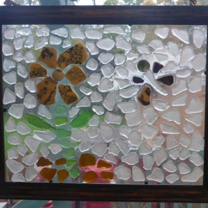 Authentic Beach Glass Sun Catcher/Mosaic Picture - Flower & Dragon Fly - Sea Glass Picture - Beach Glass Picture - Lake Erie Beach Glass