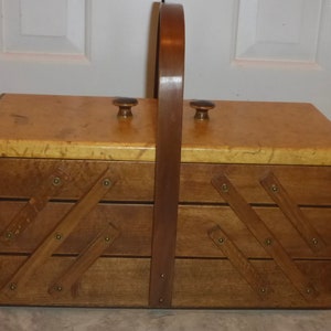 Vintage Wooden Fold Out Accordion Style Sewing Box with Faux Wood Laminated Top - Unique Tabletop Wood Fold Out Accordion Style Sewing Box