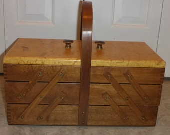 Vintage Wooden Fold Out Accordion Style Sewing Box with Faux Wood Laminated Top - Unique Tabletop Wood Fold Out Accordion Style Sewing Box