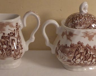 Vintage Alfred Meakin Staffordshire England Coaching Days Cream & Sugar - 1960's Alfred Meakin Coaching Days Pattern Cream and Sugar