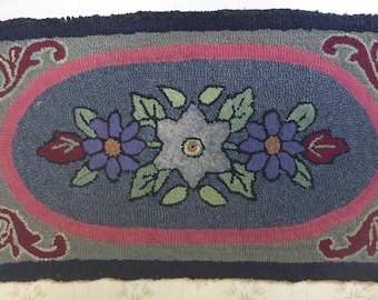 Antique Floral Hooked Rug - 37" x 21 1/2" - Antique Decor - Country Chic Decor - Country Decor - Hand made Hooked Rug - Hooked Rug