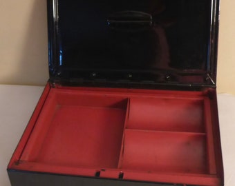 Vintage Metal Cash Box with Removable Tray - Vintage Black Metal Money Box with Red Interior - Vintage Metal Bankers Cash Box