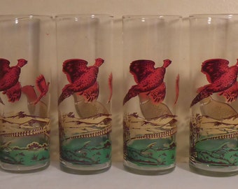 6 Vintage 1950's Pheasant Themed Tom Collins Cocktail Glasses - MCM Tom Collins Cocktail Glasses decorated with Pheasants - Vintage Barware