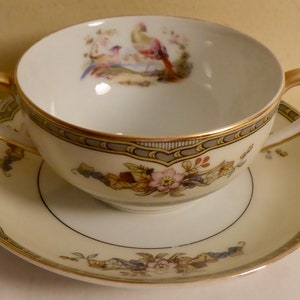 Antique 1920&#39;s Noritake Windsor Design 2 Handled Bouillon Cup and Saucer - 1920&#39;s Noritake Windsor 2 Handled Soup Cup and Saucer - Noritake