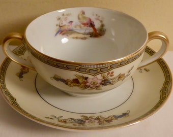 Antique 1920's Noritake Windsor Design 2 Handled Bouillon Cup and Saucer - 1920's Noritake Windsor 2 Handled Soup Cup and Saucer - Noritake