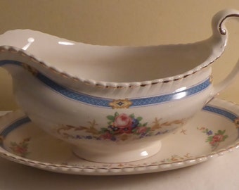 Vintage Kent Pattern Johnson Bros. England Old English Scalloped Blue Band Floral Gravy Boat with Underplate circa 1940's