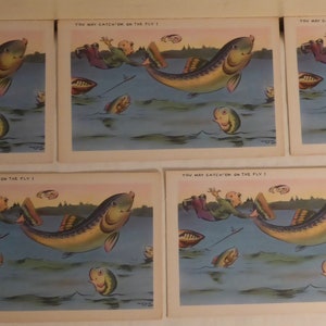 5 cartes postales humoristiques de pêche vintage non publiées - cartes postales de pêche non utilisées des années 1940 - cartes postales de pêche vintage - décoration chalet de pêche