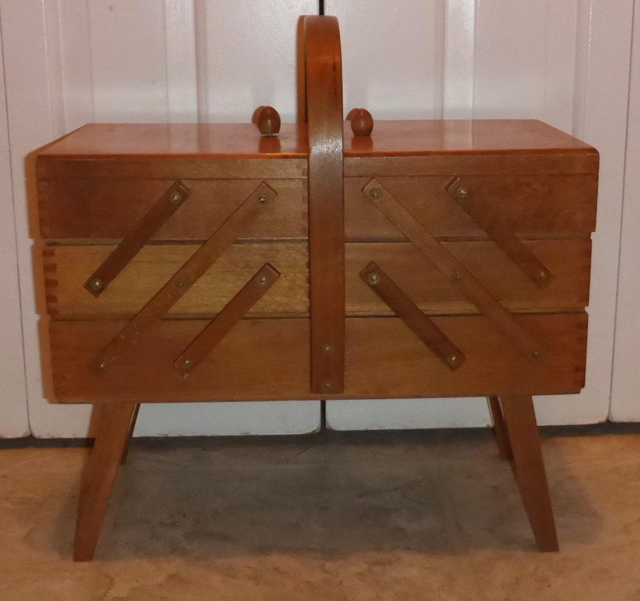 Sold at Auction: Vintage timber sewing box, cantilever style, boomerang  shaped legs, clean example.