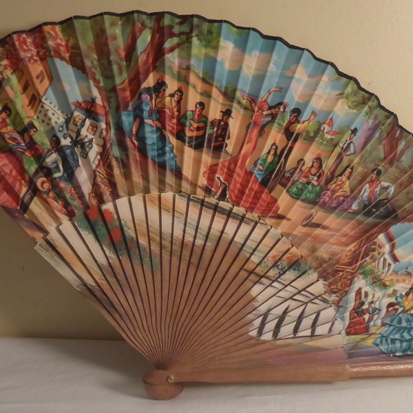 Vintage Hand Painted Spanish Hand Held Fan decorated with Spanish Dancers - Souvenir of Spain - Spanish Dancers - Vintage Spanish Fan