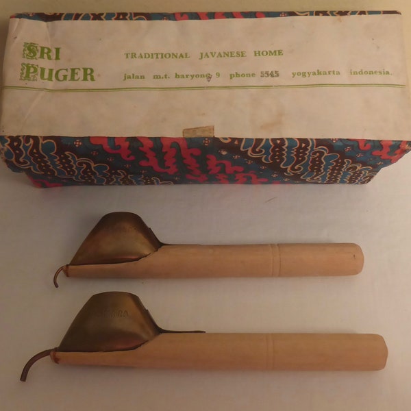 Set of 2 Vintage Java Indonesian Batik Tjanting Tools in Original Box - Vintage Copper Batik Tjanting Tools in Original Box - Tjanting Tools