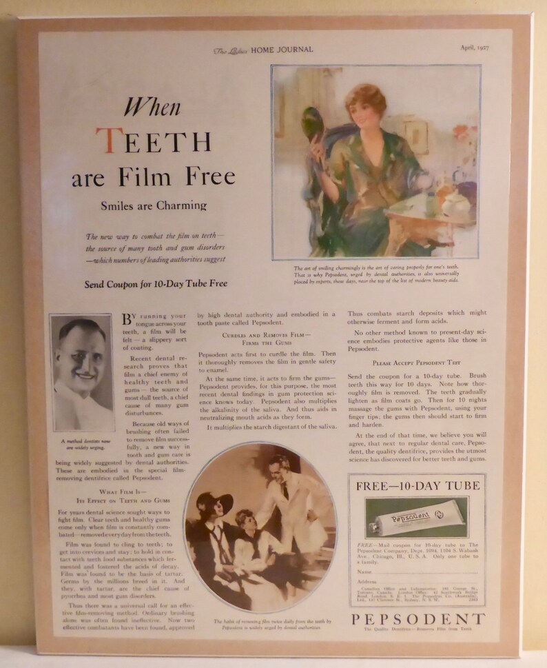Bathroom Decor Ladies Home Journal April 1927 Pebeco Toothpaste Plaqued Advertisement Dental Office Decor