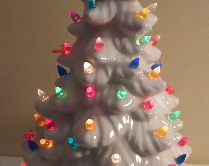 True Vintage 11 1/2 Ceramic White Christmas Tree With Multicoloured