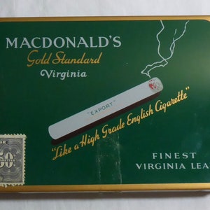 Vintage 1950&#39;s Macdonald&#39;s Gold Standard Virginia Export Cigarette Tin - Vintage W.C. Macdonald Inc. Montreal Cigarette Tin