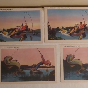 Cartes postales de pêche humoristiques vintage non utilisées - 7 cartes postales de pêche humoristiques vintage de pêche des années 40