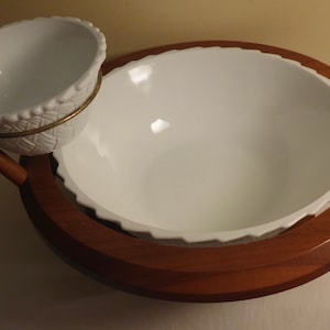 Vintage MCM Chip & Dip Bowl Set with Wooden Base made in Canada - Vintage MCM Wooden Based with Milk Glass Bowls Chip and Dip Set